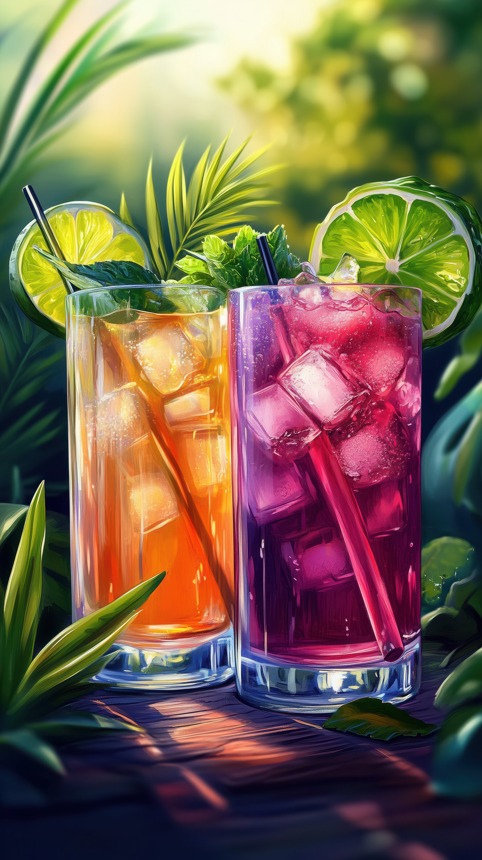 Colorful tropical beverages with fresh fruits amid lush green foliage in a serene outdoor setting